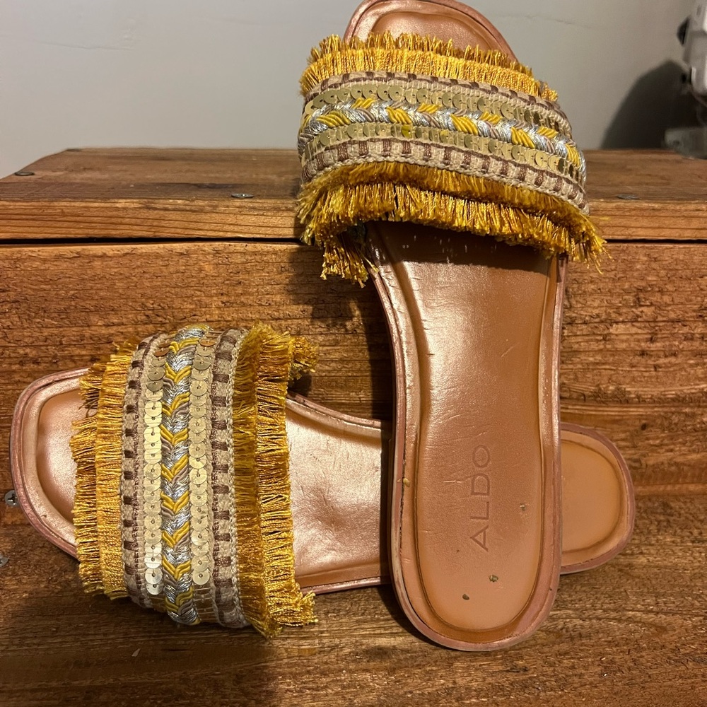 ALDO Mustard Fringe Slide Mules with Metallic Accents